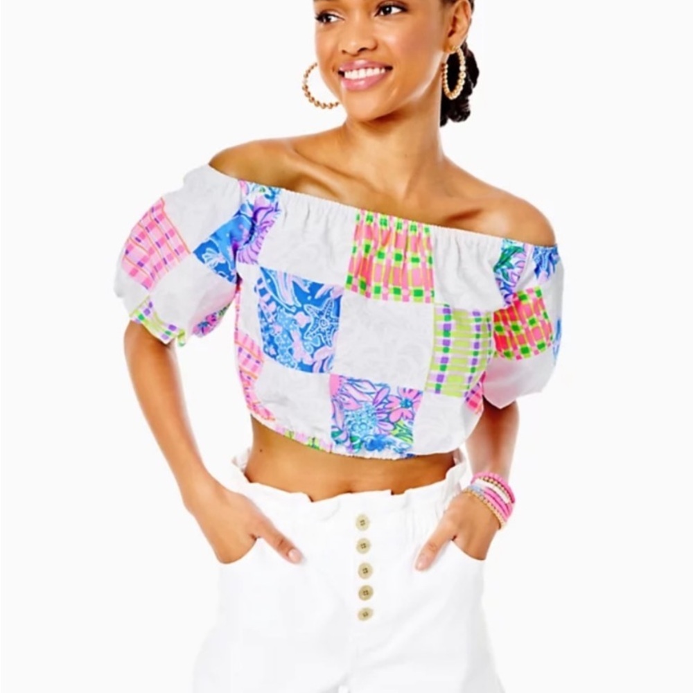 Lilly Pulitzer Off-Shoulder Patchwork Crop Top in White, Pink, Blue, Green
